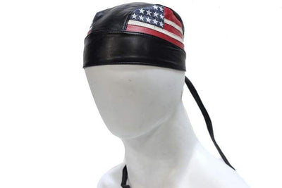 Genuine Leather Motorcycle Skull Cap with American Flag on sides.