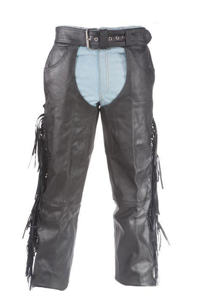 Motorcycle leather chaps with braid & fringe