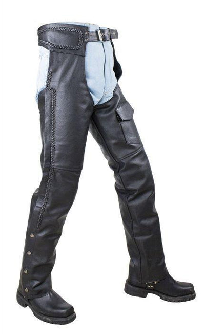 Side view.  Leather motorcycle chaps