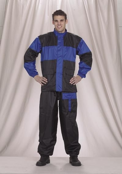 Front view of 2 piece motorcycle rain suit. Blue with reflector buttons.