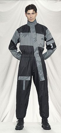 Front view of 1 piece gray motorcycle rain suit.