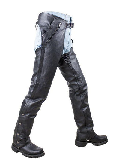 Side view. Leather motorcycle chaps