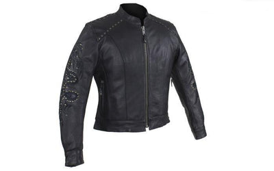 Front view. Women's embroidery leather motorcycle jacket