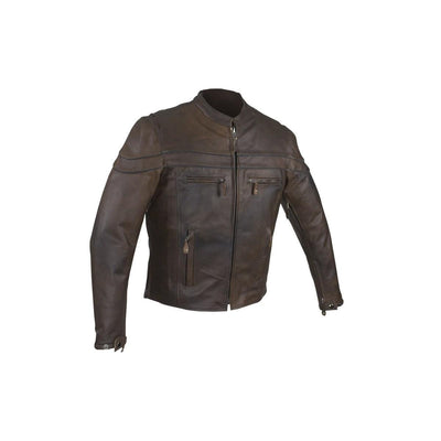 Front View. Brown concealed to carry Motorcycle Jacket.l